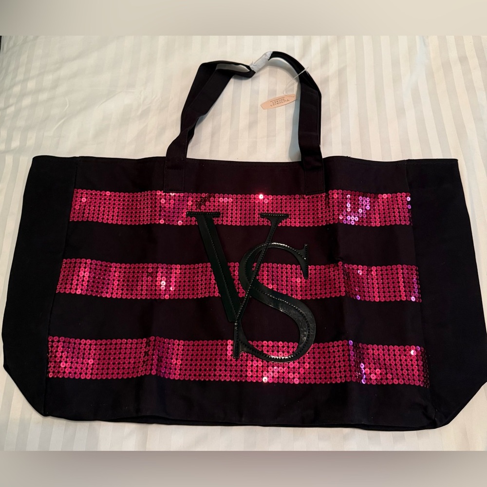 Victoria's Secret Black Tote with Pink Sequin Stripes